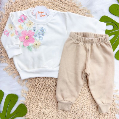 Conj. Casaco com Flores Coloridas e Calça de Moletom - Off White e Areia